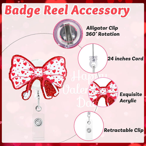 Valentines Red Heart Bow Stethoscope Badge Reel Retractable ID Name Badge Holder with Alligator Clip Cute Healthcare RN