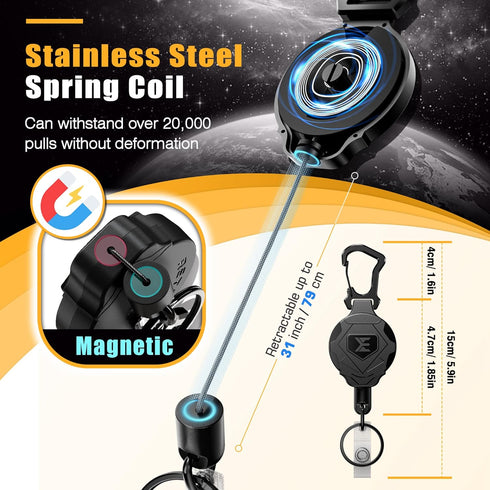 ELV Heavy Duty Retractable Keychain, Magnetic Closure and Carabiner, ID Badge Holder Clip with 31” Dyneema Cord