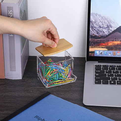 BTSKY Clear Paper Clip Holder with Bamboo Lid Thick Acrylic Self-dispensing Office Supply Accessory Organizer Small Storage Holder Cute Qtip Holder for Office Bathroom Vanity (Clips Not Included)