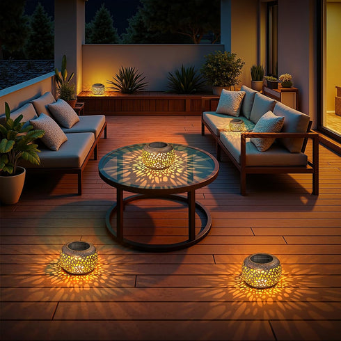 2 Pack Solar Table Lanterns Outdoor Waterproof: LED Lamps for Patio - White Hollow-Out Metal Retro Solar Light Decor
