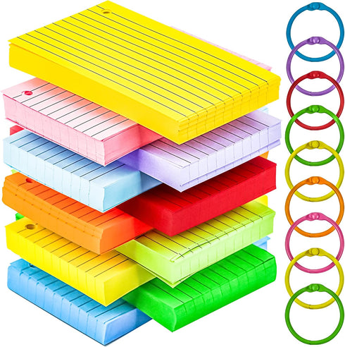 MotBach 600Pcs Colored Index Cards 3x5 Inch Flash Cards with Rings Lined