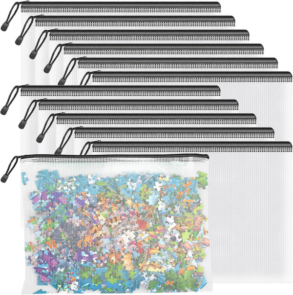 Umriox Mesh Zipper Pouch Puzzle Bags - 13.0x9.0 in (Black, 12 Packs), Letter Size A4 Zipper Bags for Office Supplies