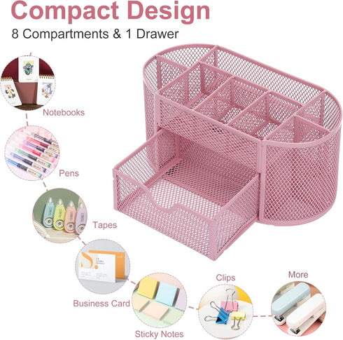 EOOUT Pink Desk Organizer - Mesh Pen Holder with 8 Compartments and 1 Drawer for Office, Home, School