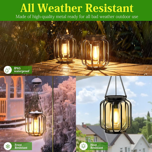 2 Pack Solar Hanging Lanterns Outdoor: Metal Solar Hanging Lights with Hook, Bright - Warm Waterproof LED Lanterns
