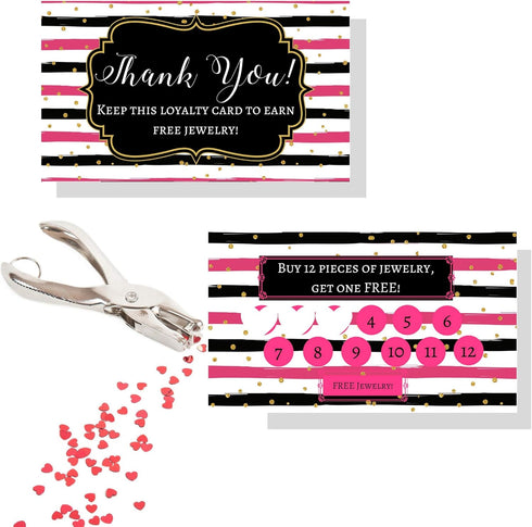Jewelry Loyalty Cards | 50 Pack Thank You Notes | Black and Pink Stripe with Gold Dots | 5 Bling Buy 12 Get One Free