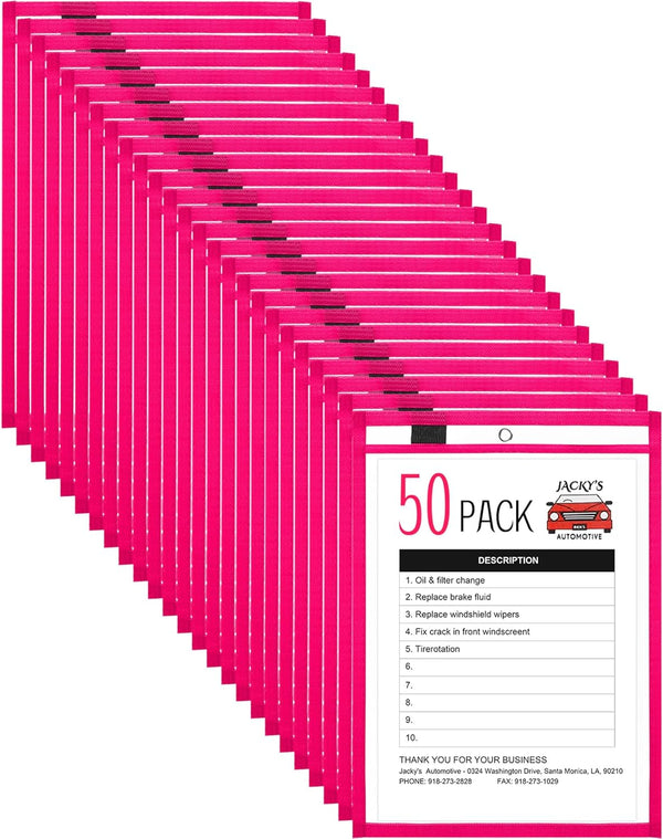Nezyo 50 Pieces Dry Erase Pockets, Reusable Plastic Sleeves for Classroom, Shop Holder Order Pockets (Rose Red)