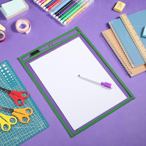 Nezyo 50 Pieces Clear Dry Erase Pockets Reusable Plastic Sleeves Order Folders Teacher Supplies for Classroom (Green)