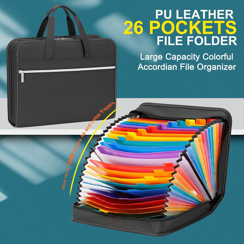 PU Leather Accordion File Organizer - 26 Pockets, Expanding File Folder with Handle, Black