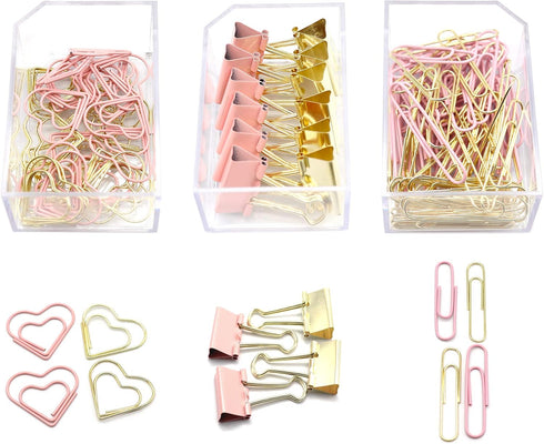 Gold Pink Binder Clips and Paper Clips Set, 3-in-1 Boxed for Office School Supplies, Teachers Classroom Daily Use