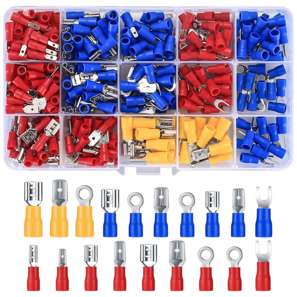 300 Pcs Insulated Electrical Connectors, Fork Ring Spade Butt Quick Disconnect Crimp Terminals Lugs Set, Male/Female