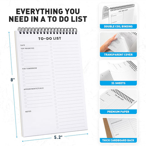 To Do List Notepad 6 Pack, 5.2 x 8" Spiral Daily Planner with 35 Sheets for Work, Note, and Todo Organization