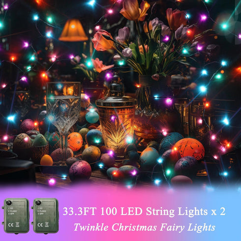 2 Pack 66.6 200 Pooqla Easter String Lights Battery Powered, Total FT LED Colorful Pastel String Lights for Indoor