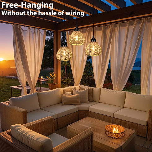 3 Pack Dimmable Outdoor Battery Operated Chandelier, Small Hanging Rattan Pendant Lights with Timer, Warm White