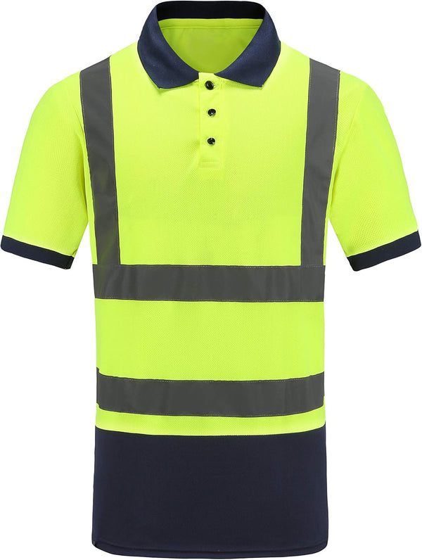 High Visibility Polo Shirt, Short Sleeve Job Safety Reflective Gear, Yellow, Medium