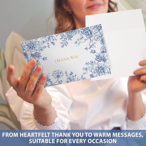 50 (4x6) AUDREE Gold Foil Thank You Cards with Envelopes - Elegant Blue Floral Thank You Cards with Matching Adhesive