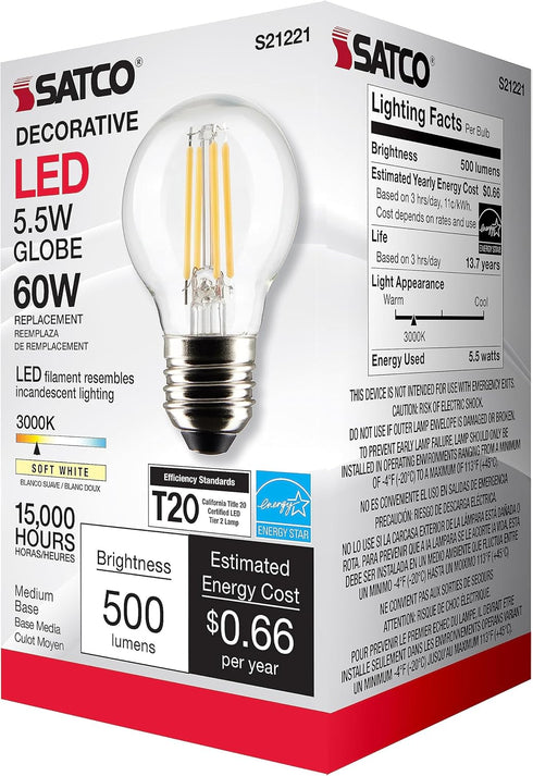 Satco 21221-5.5G16.5/LED/CL/930/120V/E26 G16 Globe LED Light Bulb