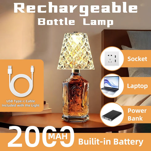 2 Pack 2000mAh, 3 Wine Bottle Lamp Crystal Clear, Rechargeable LED Acrylic Bottle Lampshade, Colors, Table Lamps, Desk