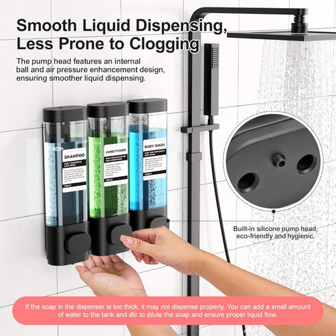3-Chamber Wall Mounted Shampoo and Conditioner Dispenser - 300ML Each, Easy Refill, No Drip for Bathroom