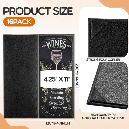 GlikCeil 16 4.25 11 Inch Pcs Restaurant Leather Menu Holders Single Panel Menu Covers for Wine Drinks List x Black Menu