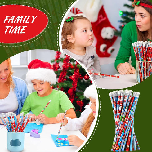 Christmas Pencils for Kids, Mini Wooden Xmas Pencils and Erasers, Colorful Patterns for Christmas Party Supplies