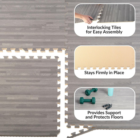 24sqft Foam Floor Tiles - Wood Grain Interlocking Foam Tiles with Border - Soft Play Mat Playroom or Gym Flooring