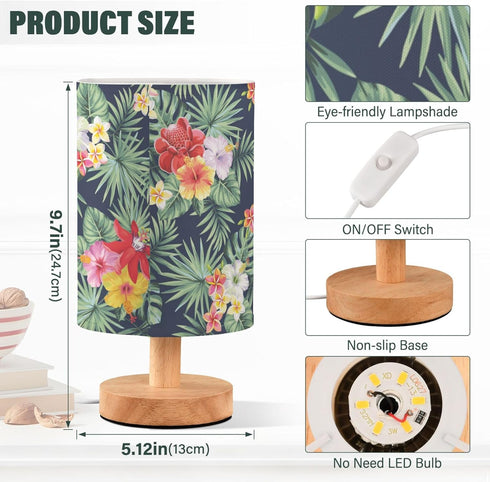 YYZZH Table Lamp Tropical Palm Leaves Hibiscus Plumeria Flower Nightstand Lamp with Wood Base Fabric Lamp Shade Bedside