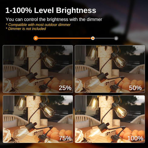 48FT, 15 Bulbs Warmlight East Oak Outdoor String Lights LED Patio String Lights Waterproof with Shatterproof Vintage