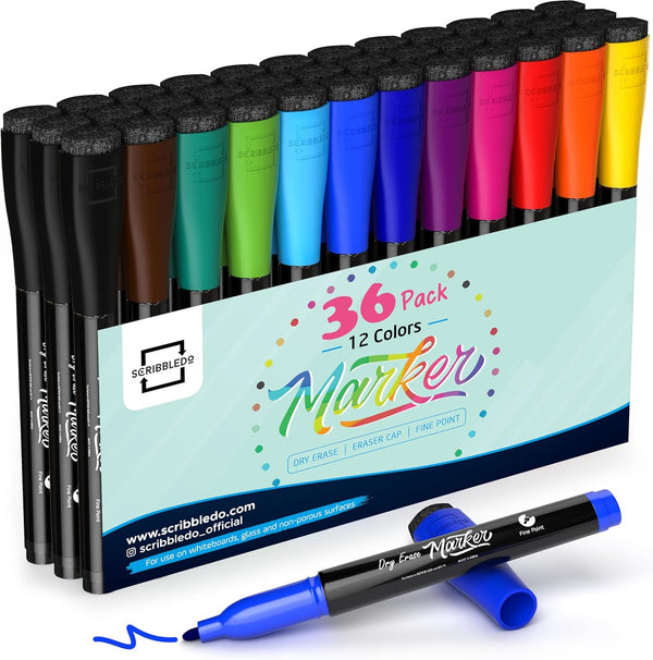 Scribbledo 36 Pack Dry Erase Markers Fine Tip Assorted Colors with Eraser Cap for Whiteboard Use