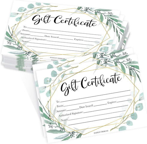 Hadley Designs 25 Eucalyptus Gold Blank Certificates, Paper Voucher for Hair & Nail Salon, Small Business Coupons