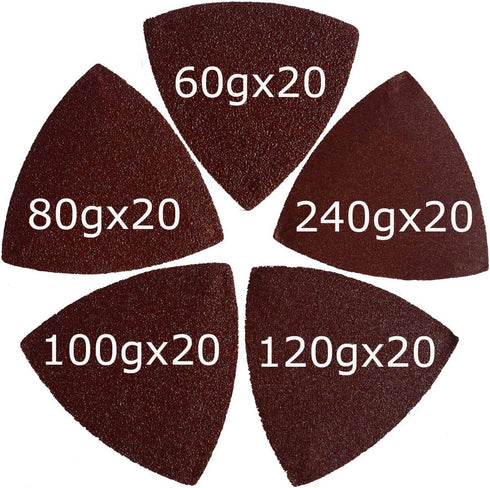 100 Pcs 3-1/2 Inch Triangular Sandpaper, 60/80/100/120/240 Grits, Hook & Loop for Wood Sanding, Fit 3.5 Inch Multi Tool