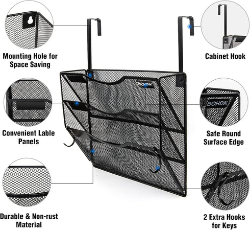 Wall File Organizer, 3 Tire Hanging File Folder Mail Organizer, Vertical Mesh Metal Door/Wall Mount Hanging File Holder, Paper Document Magazine Rack with Hooks for Home Office Black
