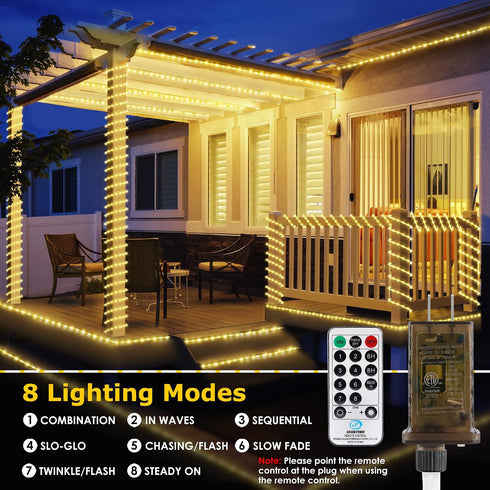 50ft 600 8 Connectable Outdoor Rope Lights, LED Warm White Strip Light Plug in for Indoor with Waterproof Modes