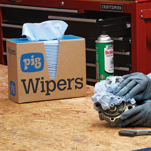 1 75 9.5' 16' PM50575 PIG Heavy Duty Shop Towels for Oil and Grime - Dispenser Box of Wipes - Each Wipe is x