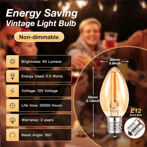 C7 LED Night Light Bulbs 0.5W, E12 Candelabra Base Candle Light Bulb Warm 2200K Equivalent 5W/7W Incandescent Bulb, Mini Light Bulbs for Chandelier Nightlight Salt Lamp Window Bulbs (2 Pack Gold) by Hcnew