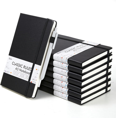 feela 8 Pack Journal Notebook Bulk for School, Hardcover Business Notebooks, Classic Ruled, 120 GSM, 5.1”x8.3”, Black