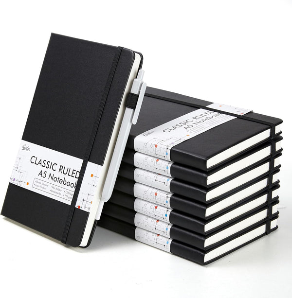 feela 8 Pack Journal Notebook Bulk for School, Hardcover Business Notebooks, Classic Ruled, 120 GSM, 5.1”x8.3”, Black