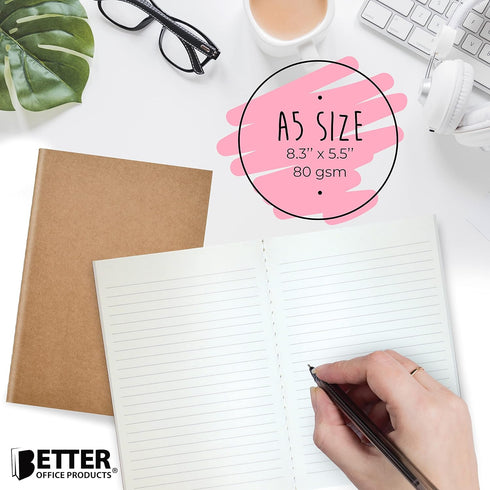 Better Office Products Kraft Notebooks, Bulk Pack 8.3 in x 5.5 in, A5 Size, 60 Lined Ivory Pages, Soft Cover