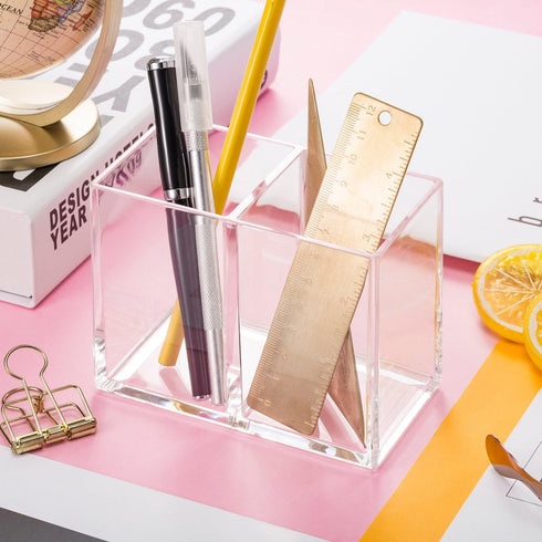Gejoy Clear Acrylic Pencil Pen Holder - Makeup Brush Organizer with 2 Compartments for Desktop
