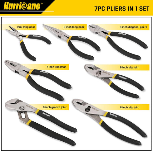 7-Piece Set 8" 8"/6" 7" 6" 6" HURRICANE Pliers Water Pump, Slip Joint, Linesman, Diagonal, & Mini Long Nose, Carbon