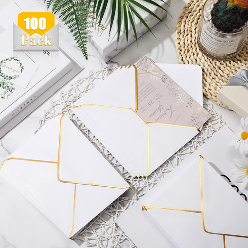 Teling 100 Pack 5 x 7 Envelope Invitations | Ice White | A7 V Flap Envelopes with Gold Border for Bridal Shower, Wedding