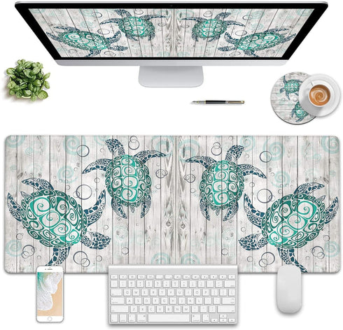Large Gaming Mouse Pad, Long Extended XL Ergonomic Mousepad Desk Pad, Large Rubber Mice Pads Stitched Edges, 31.5'' X 11.8'+ Cup Coaster, Sea Turtle Creative Watercolor by Yuxcfhjfe