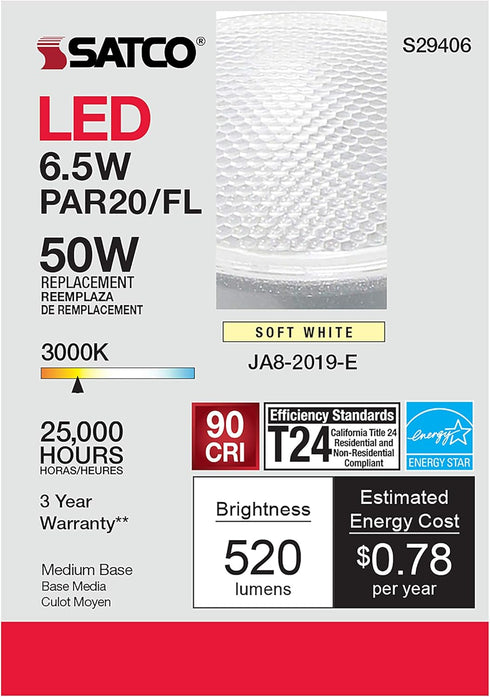 Satco S29406 6.5 Watt PAR20 LED, 3000K, 120 Volt, 6-Pack California Compliant, Replaces S9406