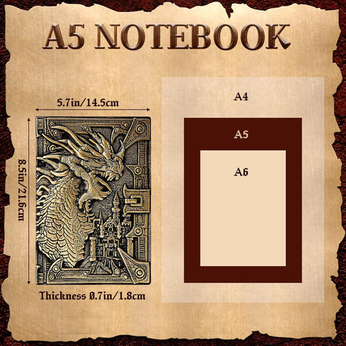 Pajean Dragon Journal, Embossed Leather Antique Dragon Notebook with Pen, Lined Paper, A5 (Bronze)