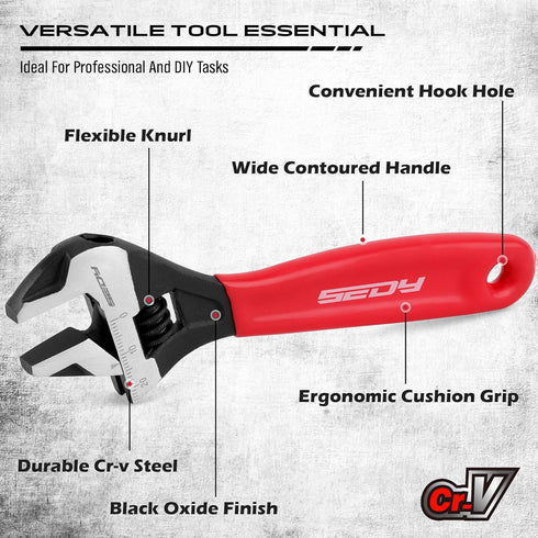 6" Adjustable Wrench Pipe Spanner: Wide Jaw Black Oxide Wrench with Cushion Grip, CR-V Steel