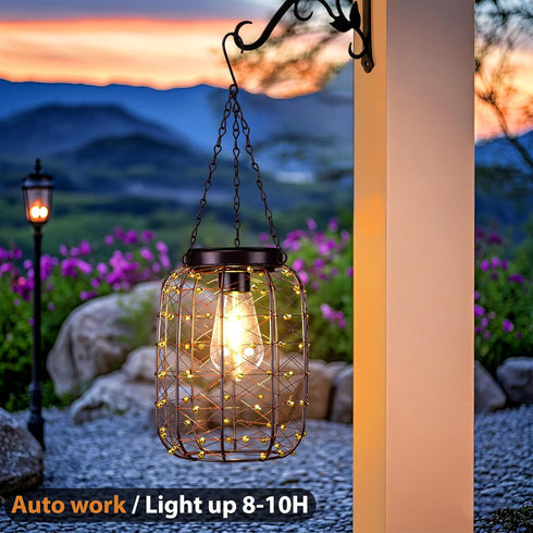 2 Pack Hanging Solar Lanterns Outdoor Waterproof, Vintage Copper Hanging Lantern Lights for Outside, Solar Chandelier