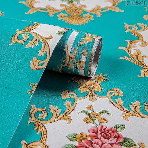 5482 Luxury Damask Peel and Stick Wallpaper 17.7" 9.8ft, Cyan Peony Floral Self Adhesive Decorative Paper
