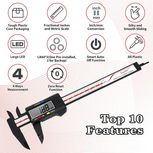 Digital Caliper, Esydon Upgraded Calipers 6 inch, Measuring Tool, Electronic Ruler, with Large LCD Screen, Auto-Off Feature, Inch and Millimeter Conversion, Plastic Case, Perfect for Household, DIY