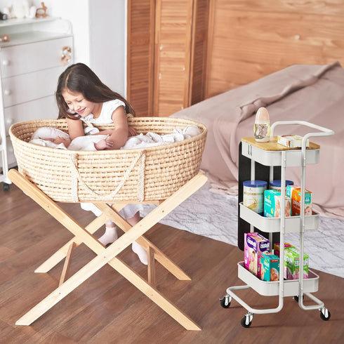 DTK 3 Tier Metal Utility Rolling Cart with Table Top and Side Bags, Storage Organizer with Wheels (White)