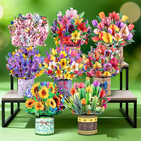 8 Pack 3D Magic Ants Pop Up Flower Bouquet Cards Assortment Beautiful Spring Floral Greeting Cards with Envelopes