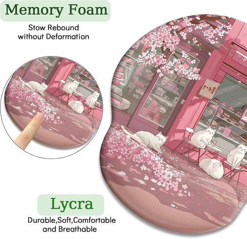 Cat Ergonomic Mouse Pad with Wrist Rest, Pink Cherry Blossom Design, Non-Slip Pain Relief Base, Cute Office Decor